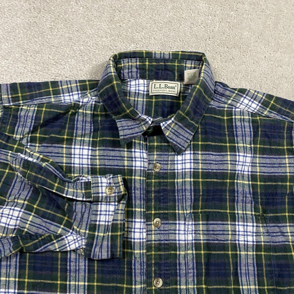 VTG L.L. Bean Flannel‎ Shirt Mens XLT Green Plaid Button Down USA Made Workwear